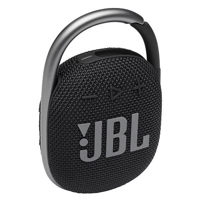A black portable speaker that has a handle on the top and the JBL logo on the front