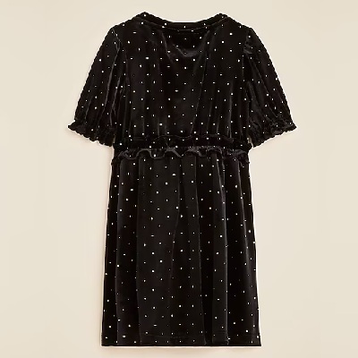 A black short sleeve velvet dress with white crystals