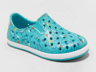A turquoise kids' water shoe with a dinosaur print