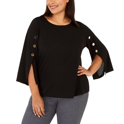 A woman wearing a Button-Trim Split-Sleeve Top