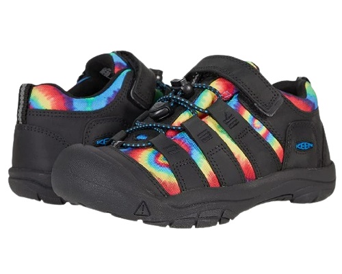 A pair of kids' shoes with black and tie-dye print