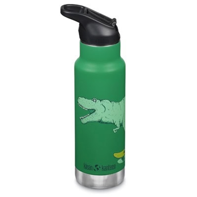 A dark green kids' water bottle with lighter green dinosaur design and the brand Klean Kanteen printed on it