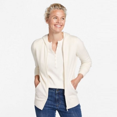 A lady wearing a classic cashmere sweater