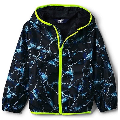 Black lightning-print hooded kids' rain jacket