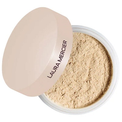 A beige open container of Laura Mercier setting powder