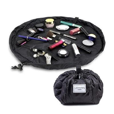 A black drawstring cosmetic and make up bag organizer