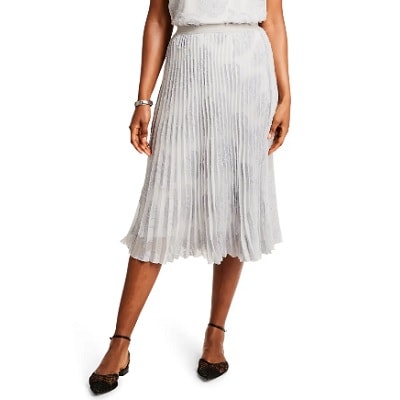 A woman wearing a Light as a Feather Pleated Midi Skirt