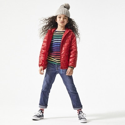 A girl wearing a red Lightweight Puffer Jacket