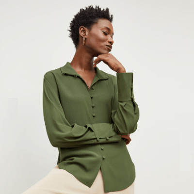 woman wearing plain olive green collared blouse