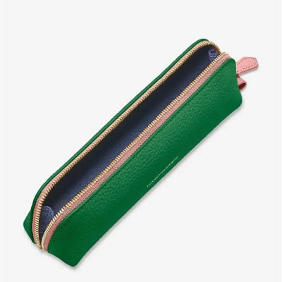 green-and-pink leather pencil case