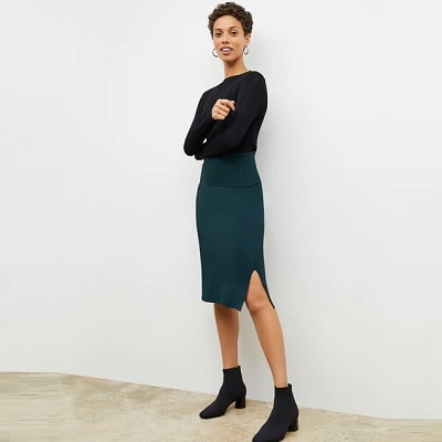 Deep sea colored stretch knit skirt with folded waist band