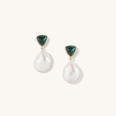 A pair of earrings with a green malachite stone at the top and a dangling freshwater pearl 