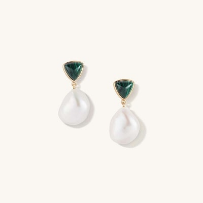 earrings with malachite triangles and pearl drops