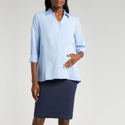 Marion - Three-Quarter Sleeve Twill Maternity Button-Up Top