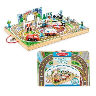 town play set with wooden storage case