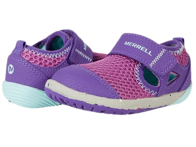 A pair of pink, green, and purple waterproof sandals for kids