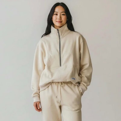 A woman wearing a cream half-zip sweater and matching sweatpants