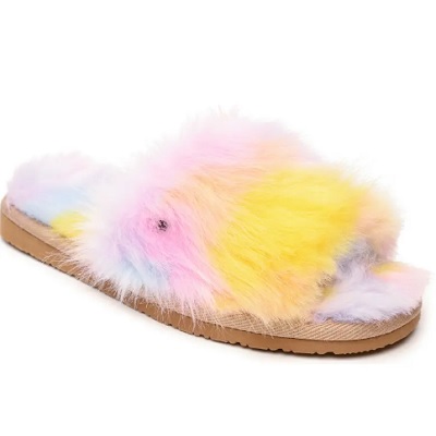 A bright, multicolored, fuzzy slipper