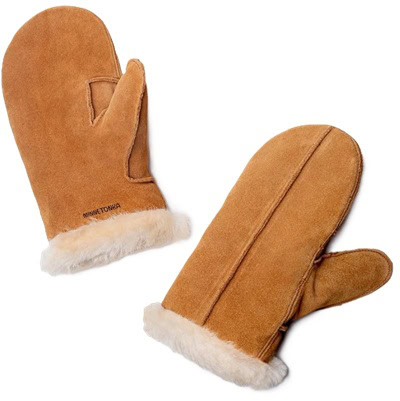 A pair of brown suede gloves with sheepskin lining/trim