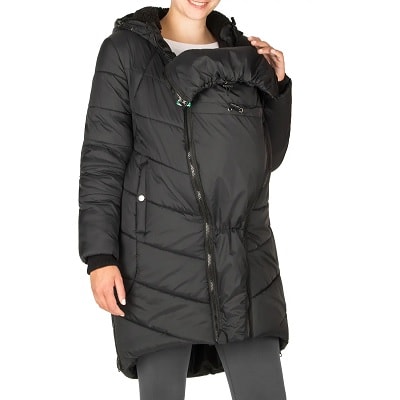 Black lightweight puffer coat in a streamlined silhouette with extended front zipper