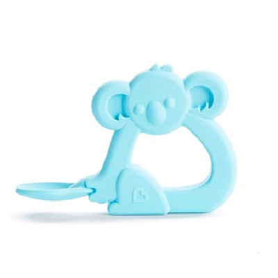 A blue combination baby teether/spoon