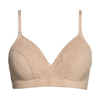 A beige/"nude" nursing bra trimmed with lace