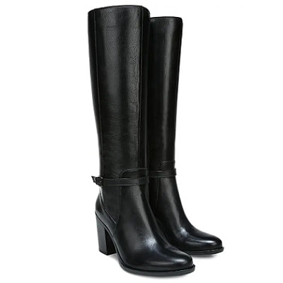 Black tall boot on a stacked heel with side zip closure