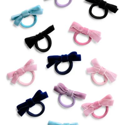 12 hair ties with bows in pink, black, blue, and purple