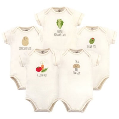 5 cotton baby bodysuits, each with a food design. Each has a pun: COUCH POTATO, OLIVE YOU, PLEASE ROMAINE CALM, VEGGIN OUT, I AM A FUN GUY