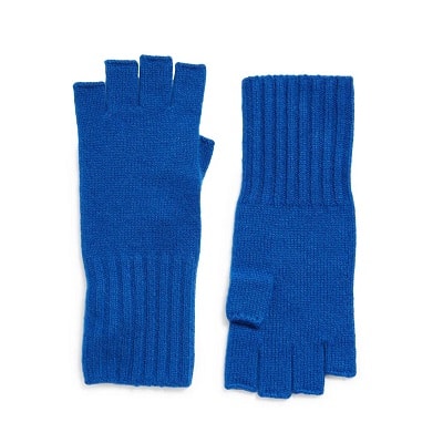 A pair of bright blue fingerless gloves