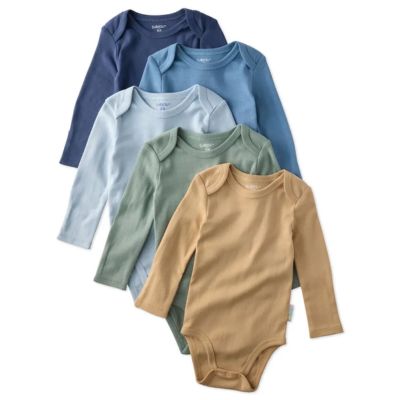 Five baby bodysuits in three blues, a mustard yellow, and green