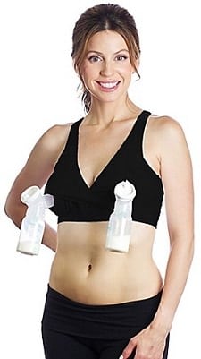 A woman wearing a Racerback Hands-Free Pump & Nursing Bra