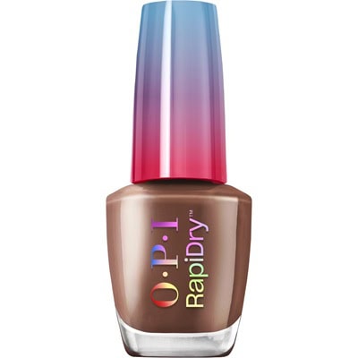 A bottle of nail polish with a label that reads OPI RapiDry. The polish is brown and the top is a blend of color from blue to pink