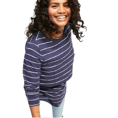 A lady wearing a navy striped blouse