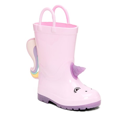 a kids' pink unicorn rainboot