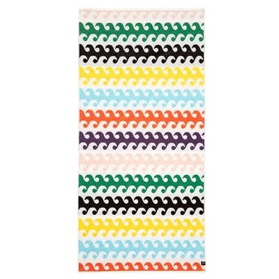 A beach towel with a multicolored geometric pattern