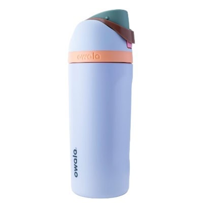 A light blue water bottle with orange, green, and brown parts