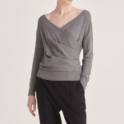 Lady wearing a gray knit top