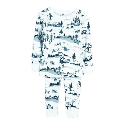 A kids' long john pajama set with a winter-themed print