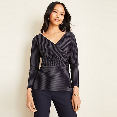 A woman wearing Pinstripe Wrap Top