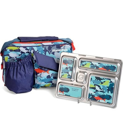 A shark-design kids' bento box next to the matching bag