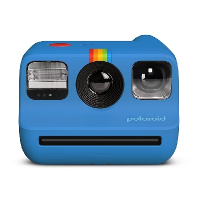 A blue Polaroid Go camera
