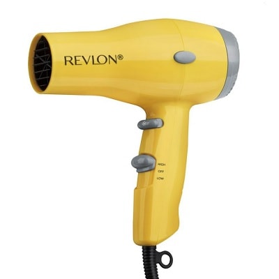 A compact hair dryer in yellow with the word "Revlon" on it