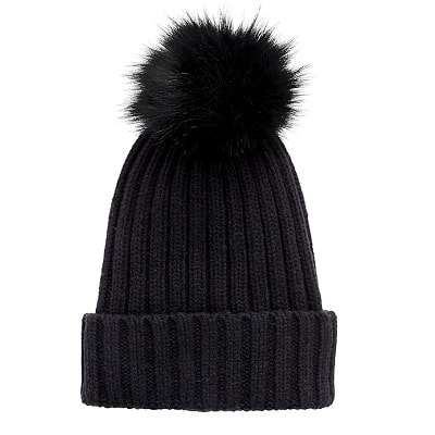 A black knitted hat with a pom pom on top