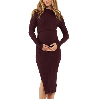 A woman wearing maroon long sleeve nursing dress