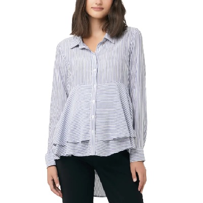 A woman wearing a white-and-blue striped maternity shirt and black pants