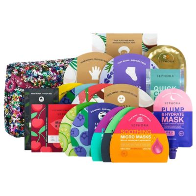 An arrangement of 20 multicolor skincare mask packets