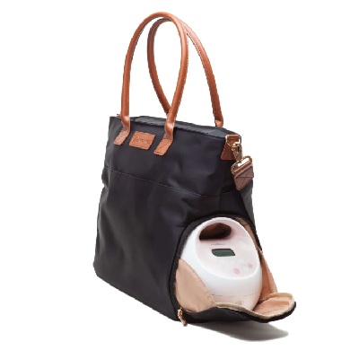 A black leather breast pump tote bag
