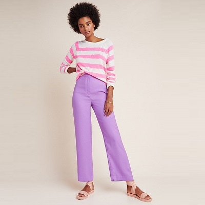 A woman wearing a pair of Lilac Wide-Leg Pants with Striped long sleeved tee