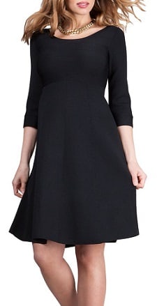 A woman wearing a NEW J.Crew Fit & Flare Sheath Dress Stretch Ponte Black 3/4 Sleeve